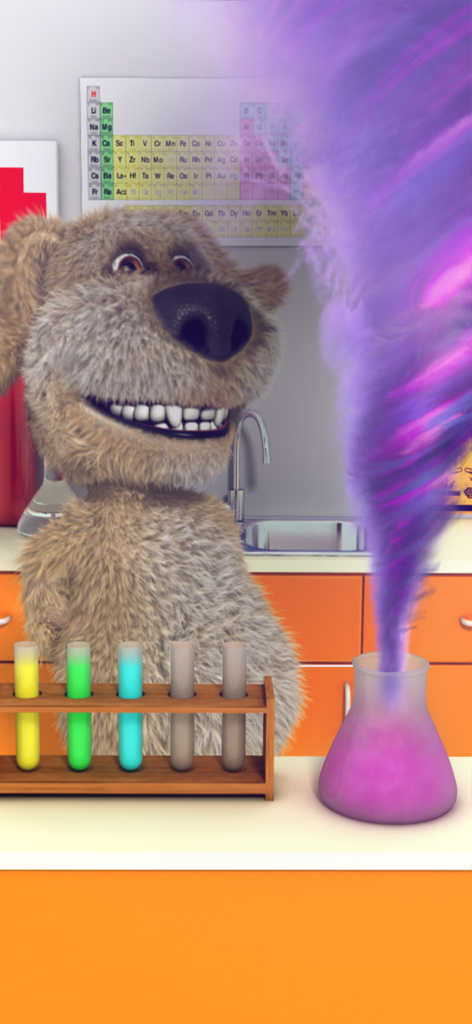 Talking Ben the Dog sorrindo em um laboratório de química com uma reação química roxa saindo de um béquer