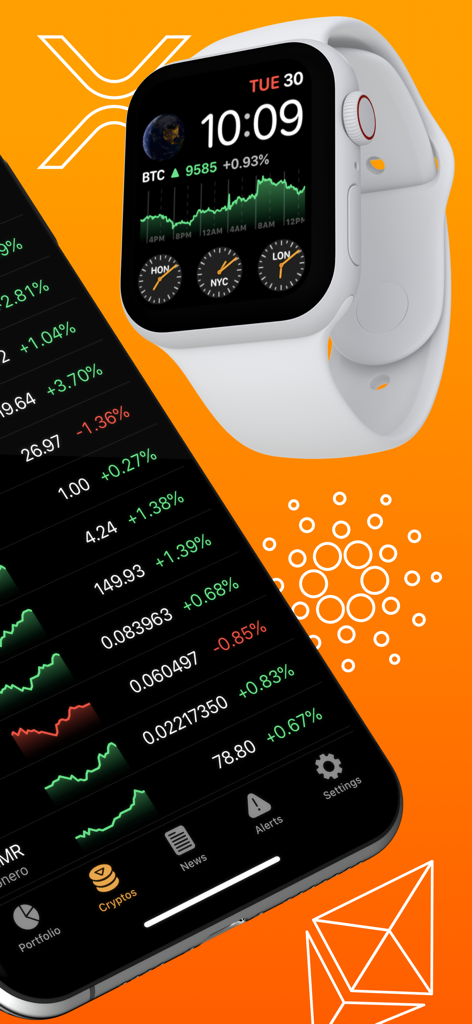 Crypto Pro: Live Coin Tracker - Crypto Pro app displaying live cryptocurrency data on an iPhone and Apple Watch