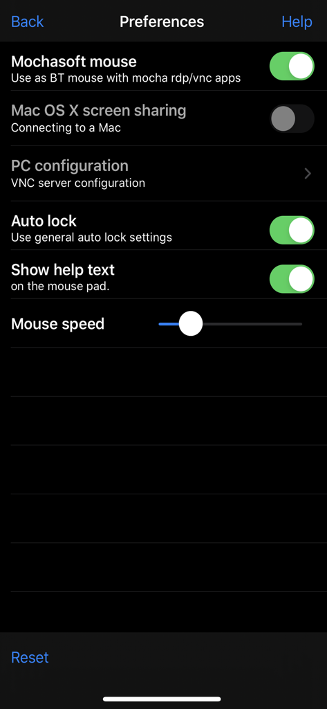 Preferences menu of the Mouse Easy app displaying configuration options for Mac and PC.