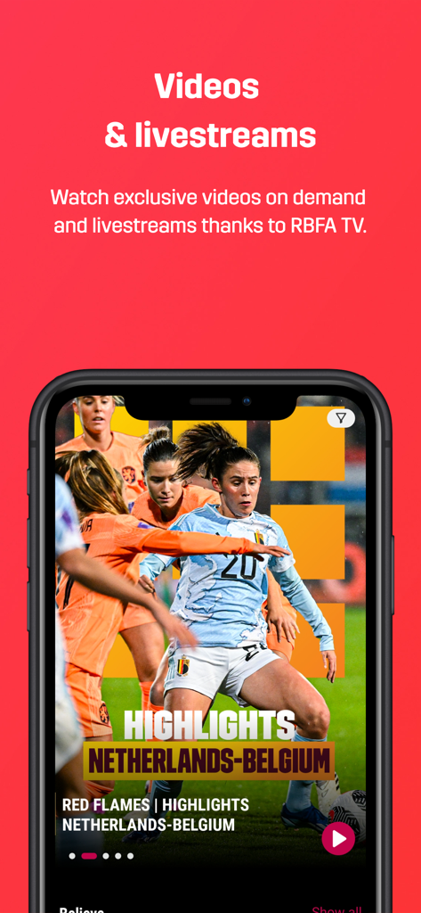 Smartphone screen displaying the RBFA app Videos and Livestreams section with football highlights.