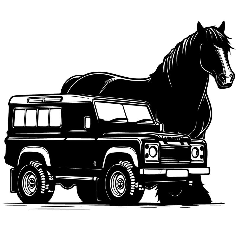 red land rover with a black massive horse