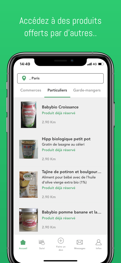 HopHopFood - HopHopFood app screenshot showing a list of donated baby food items available for local pickup in Paris