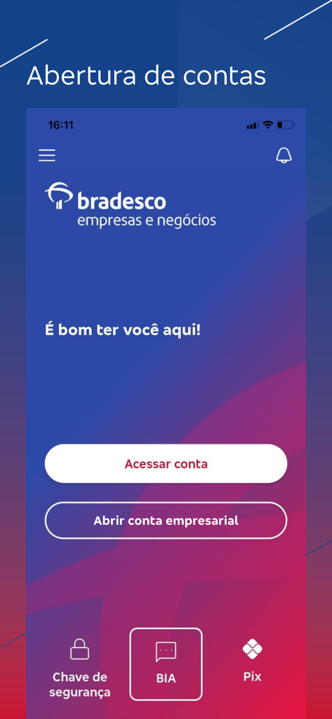 Tela inicial do aplicativo móvel Bradesco Net Empresa mostrando botões para acessar ou abrir uma conta empresarial