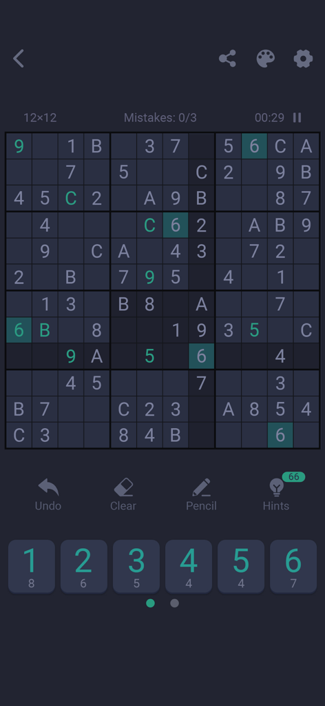A 12x12 Sudoku puzzle grid featuring numbers and letters in a dark eye-friendly theme.