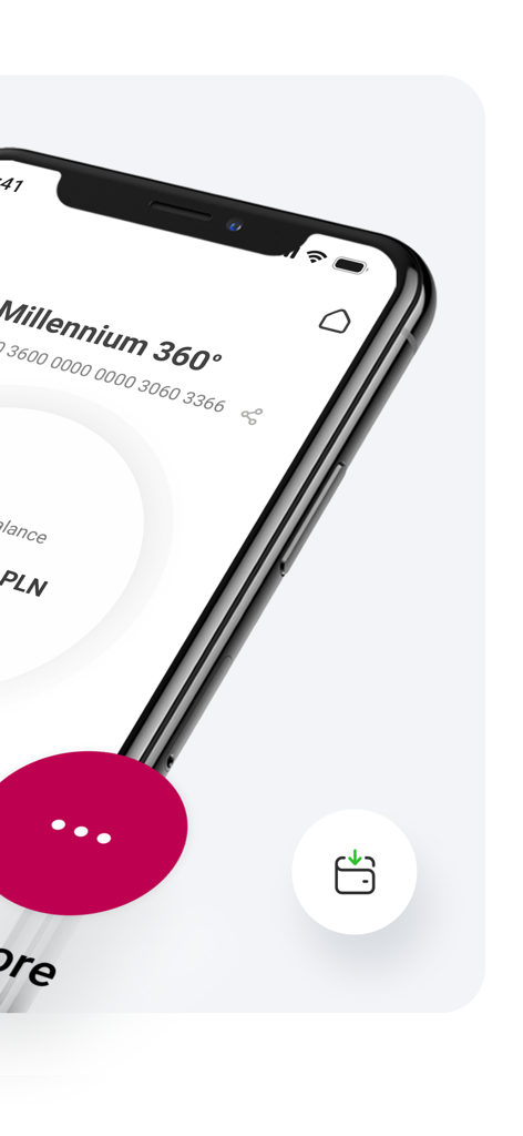 Bank Millennium - Close-up of the Bank Millennium mobile app interface on a smartphone showing account balance and navigation icons.