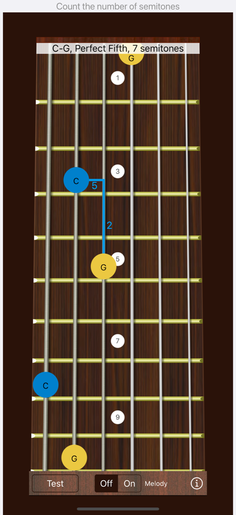 Guitar Interval Ear Trainer - A screenshot of the Guitar Interval Ear Trainer app showing a perfect fifth interval visualization on a guitar fretboard.