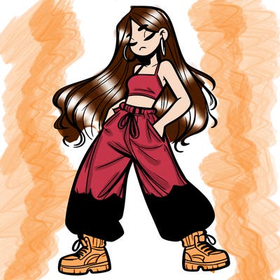 girl in baggy pants crop top and long hair