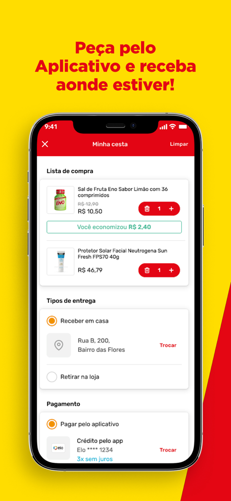 Ultra Popular: Farmácia Online - Mobile app checkout screen for Ultra Popular pharmacy showing shopping cart items and delivery options
