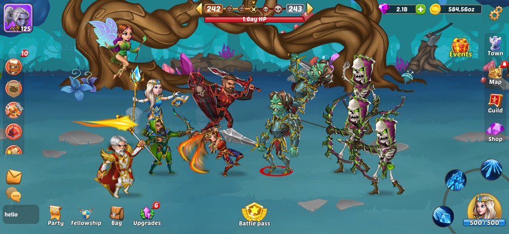 Firestone: An Idle Clicker RPG - Chibi heroes battling undead skeletons in a fantasy forest.