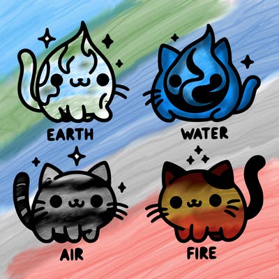 4 cats that represent the different elements, earth, water, air, and fire