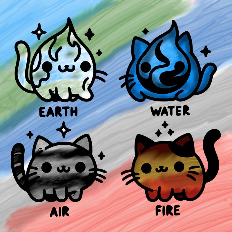 4 cats that represent the different elements, earth, water, air, and fire