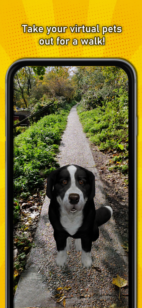 A lifelike 3D virtual dog appearing on a forest path through an augmented reality interface.