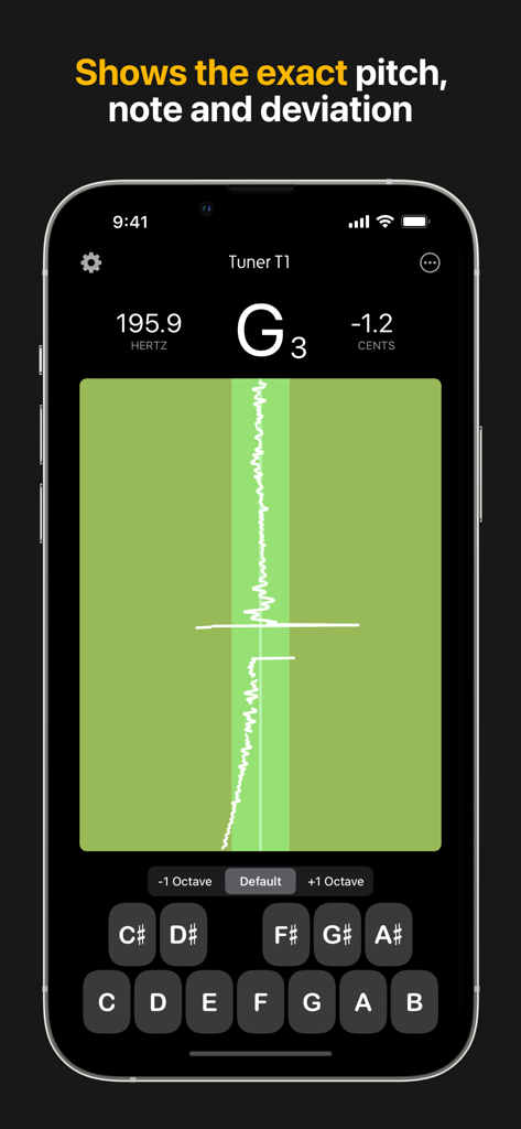 Tuner T1 app showing exact pitch in hertz and note deviation on an iPhone