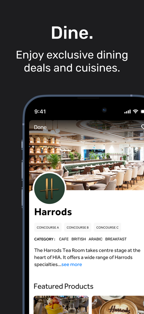 HIA Qatar - HIA Qatar app screen showcasing Harrods restaurant and dining options at Hamad International Airport