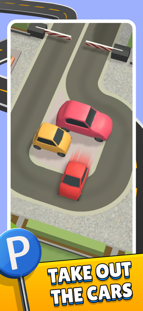 Car Parking 3D: Traffic Escape - 3D mobile game screenshot showing colorful cars in a parking lot puzzle with the instruction Take Out The Cars