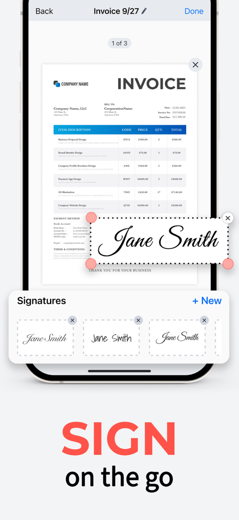 DocScan – PDF Document Scanner - A user digitally signing a PDF invoice on a smartphone using the DocScan app e-signature feature.