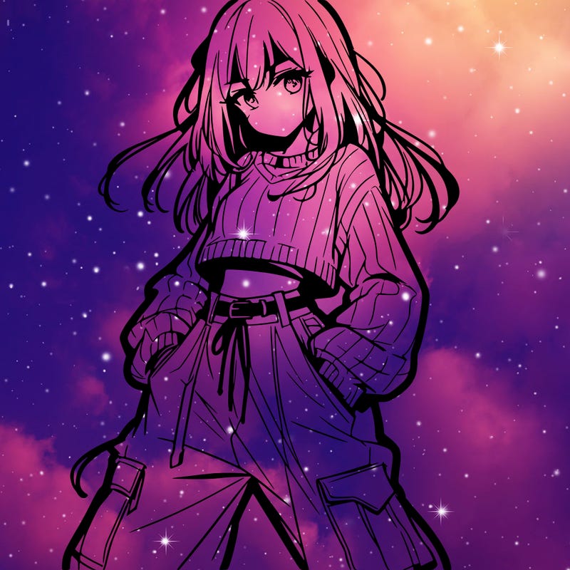 anime teen girl with baggy pants and crop top with sweater