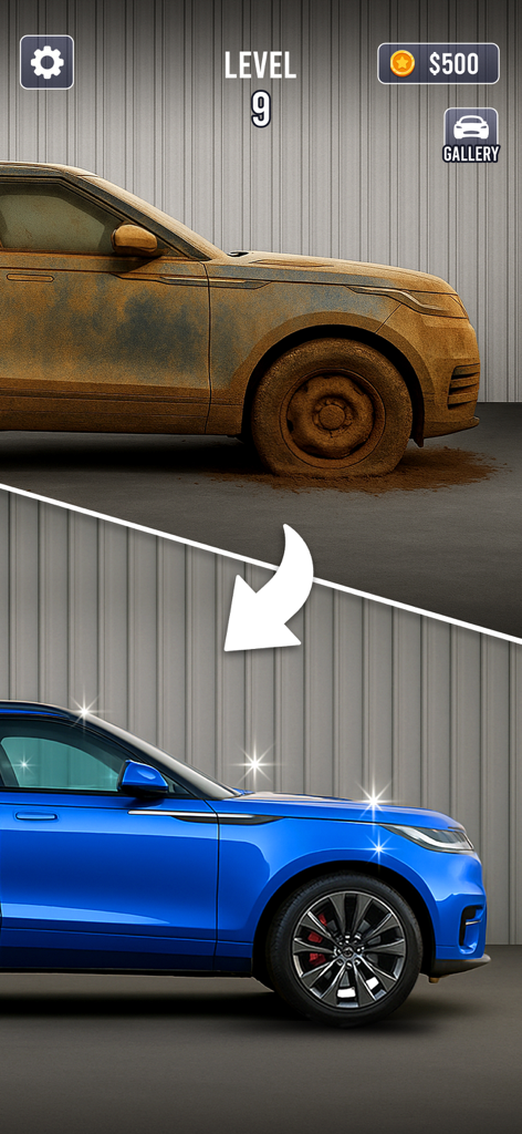 Car Wash: ASMR Game - A split screen comparison of a dirty car transformed into a clean and shiny blue car in the Car Wash ASMR game.