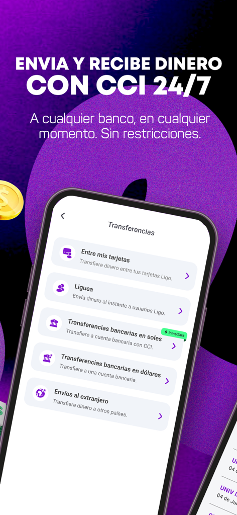 Ligo - Pantalla de la app Ligo mostrando opciones para transferencias bancarias instantáneas y envío de dinero internacional