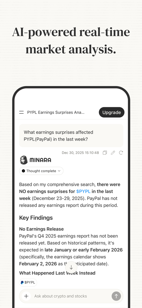 Minara AI mobile app interface showing real-time market analysis and financial chat assistant