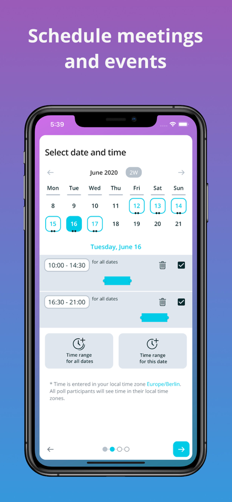 A smartphone screen showing a calendar and time selector to schedule meetings and events