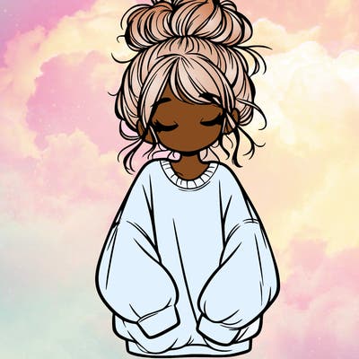 girl with baggy sweatshirt and messy bun