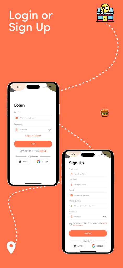 Graby.qa - Login and sign up screens for Graby.qa food delivery app