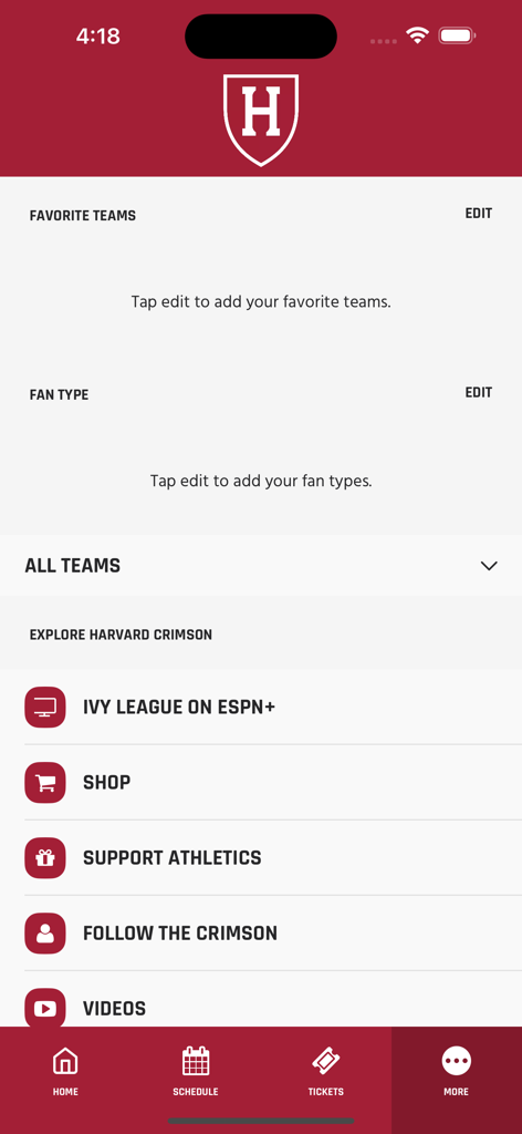 Das Menü 'Mehr' der Harvard Crimson Athletics App mit Links zu Shop, Support, Athletics und Videos