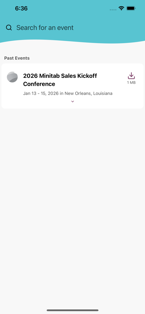 Minitab President's Club 2025 - Interface of the Minitab app showing a search bar for events and a list of past conferences.