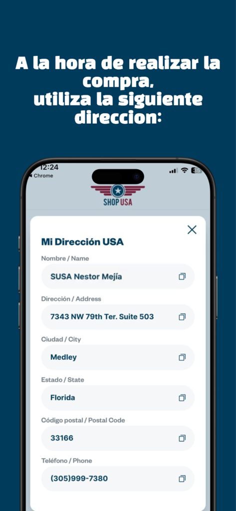 Shop USA - Shop USA app interface displaying a personal shipping address in Medley Florida for international shoppers