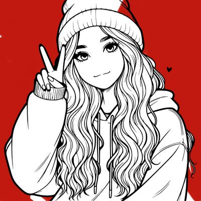 a teenage girl in a beanie, oversized sweatshirt, wavy long hair, and is showing a ✌️