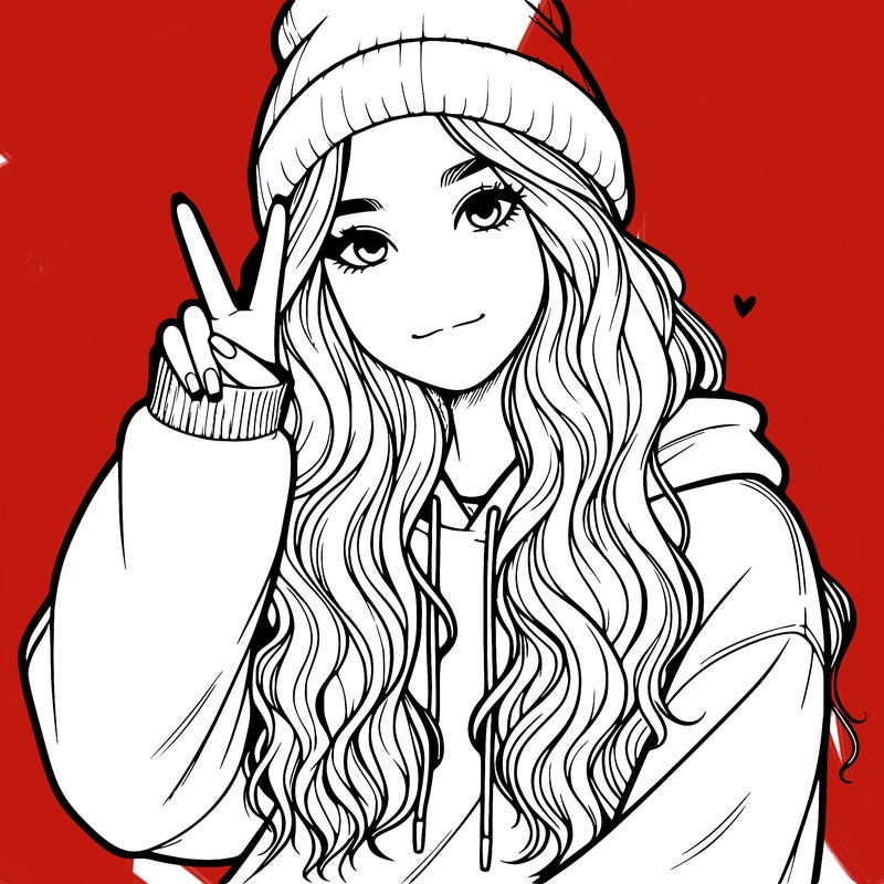 a teenage girl in a beanie, oversized sweatshirt, wavy long hair, and is showing a ✌️