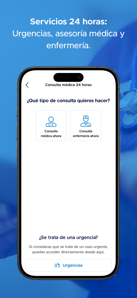 Mi Sanitas - Una interfaz de aplicación móvil de Mi Sanitas que muestra opciones para consultas médicas y de enfermería las 24 horas y servicios de urgencias en español.