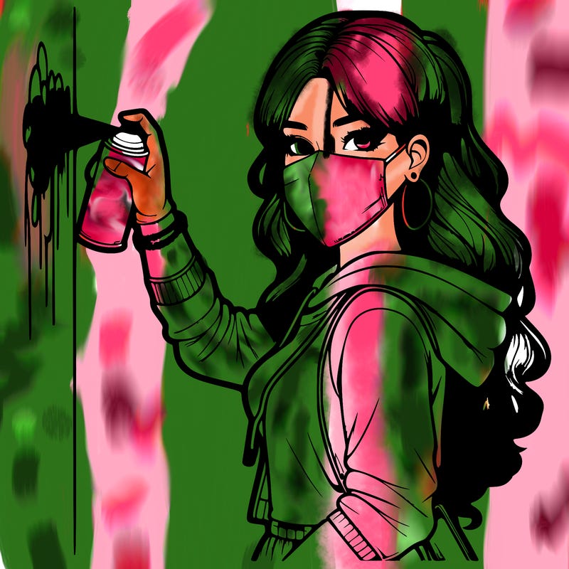 realistic girl with mask spray painting a wall