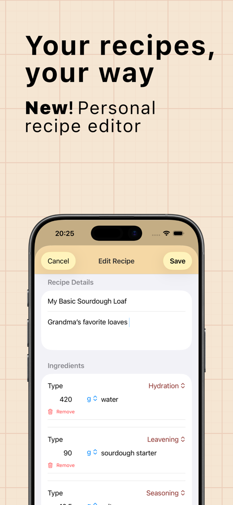 Yeasta: Sourdough Tracker - Interface do editor de receitas de fermento natural no aplicativo Yeasta com medições de ingredientes e notas.