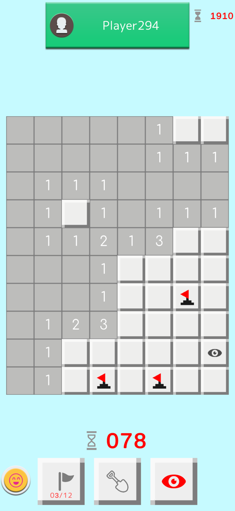 A mobile screenshot of a PvP Minesweeper match showing the grid board with numbered cells and red flags