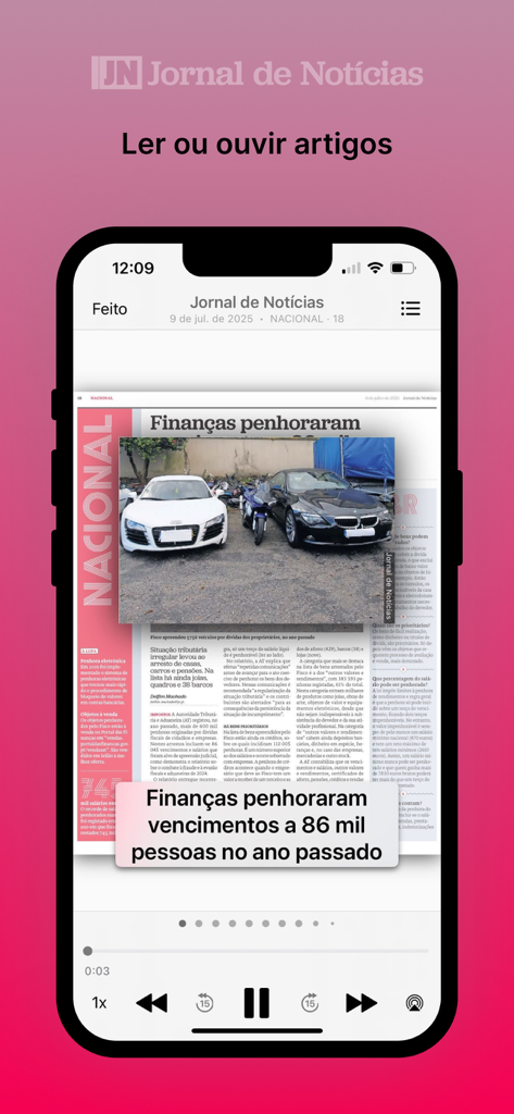 Interfaz de la aplicación Jornal de Noticias para leer y escuchar artículos de noticias