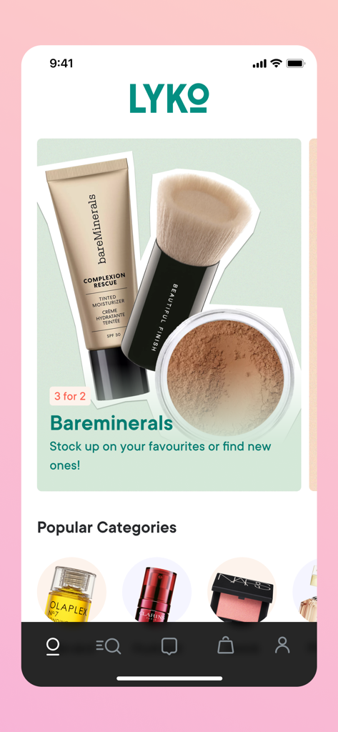 Lyko beauty app home screen displaying makeup products and shopping categories