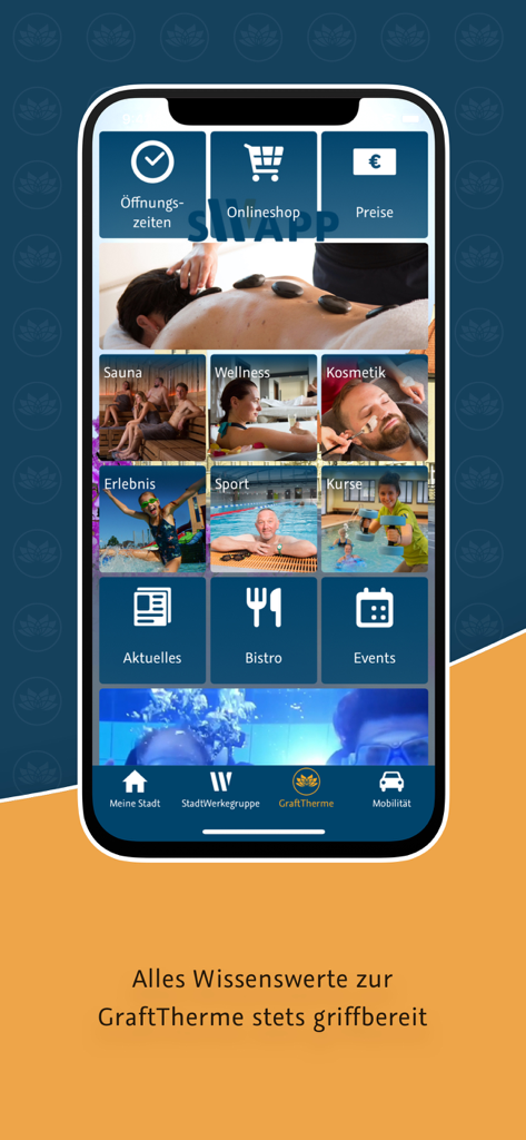 sWapp - Screenshot der sWapp App Benutzeroberfläche mit verschiedenen Wellness- und Spa-Angeboten für die GraftTherme in Delmenhorst.