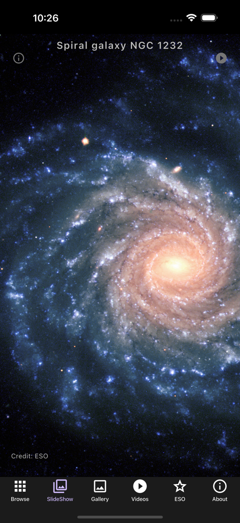 Galaxies: Spectacular - Visualização de alta resolução da galáxia espiral NGC 1232 no slideshow do aplicativo Galáxias Espetacular.