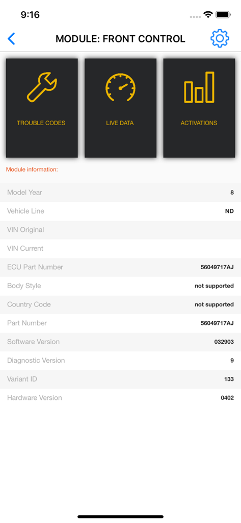 OBD JScan interface for front control module diagnostics and vehicle information