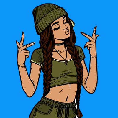 realistic teenage girl with braids and a beanie and crop top doing 🫶🏼