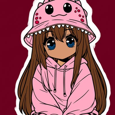 girl with anime shaped eyes with a dinosaur bucket hat oversized sweatshirt long straight hair