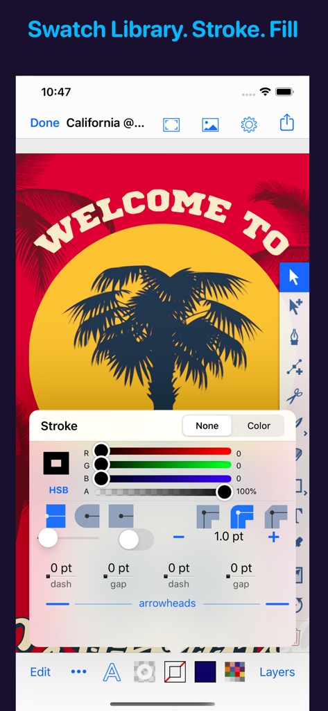 Artmator - Artmator Mobile-Oberfläche, die erweiterte Konturen-Einstellungen und eine Vektor-Palmenbaum-Illustration zeigt
