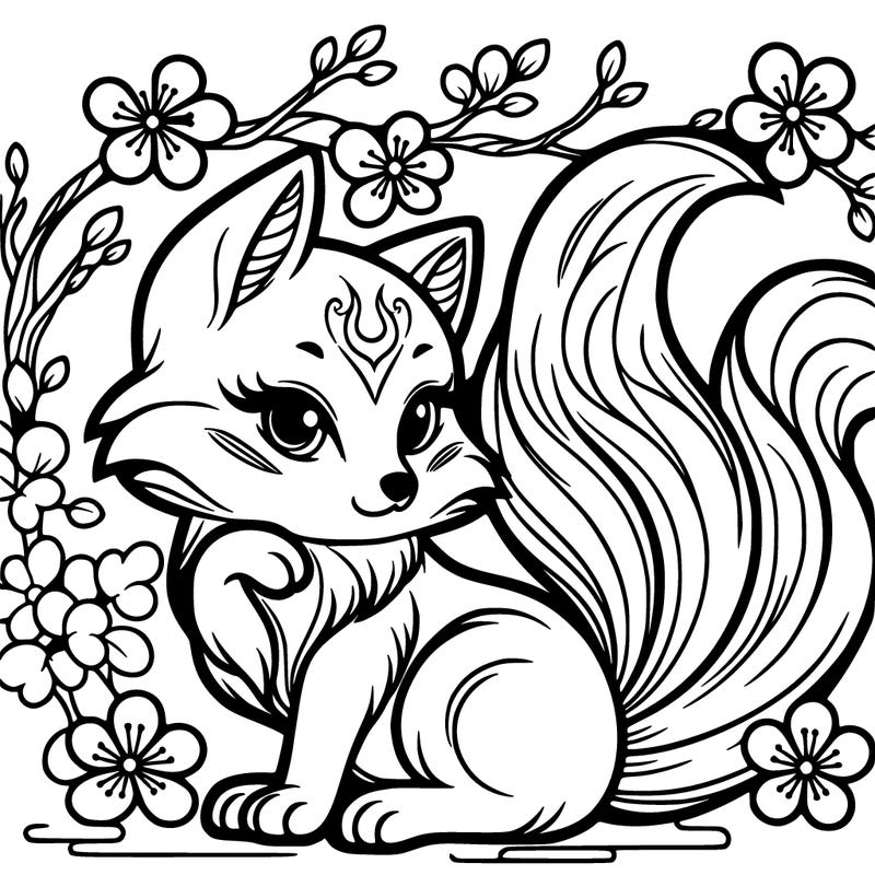beautiful nine tailed fox japanese, with cherry blossom