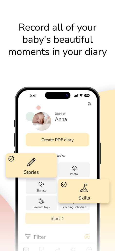 The Wonder Weeks - Baby leaps - Una interfaz de aplicación móvil que muestra un diario del bebé con secciones para historias, fotos y habilidades de desarrollo