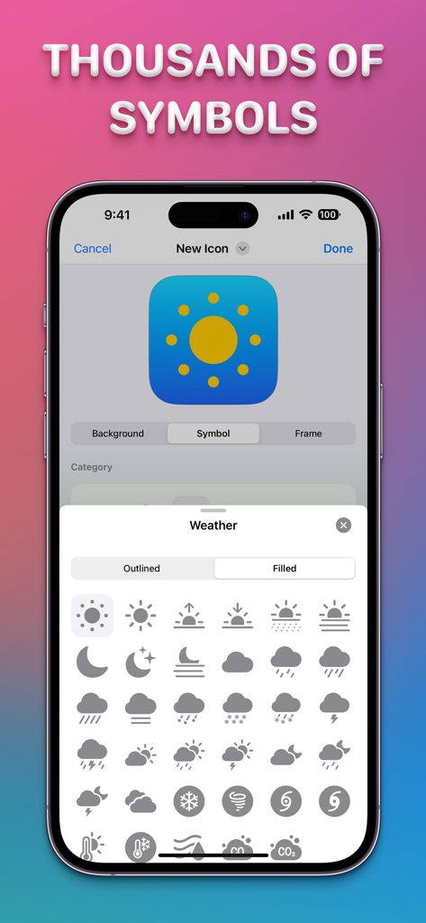 Interfaz para elegir símbolos del clima para personalizar íconos de aplicaciones.
