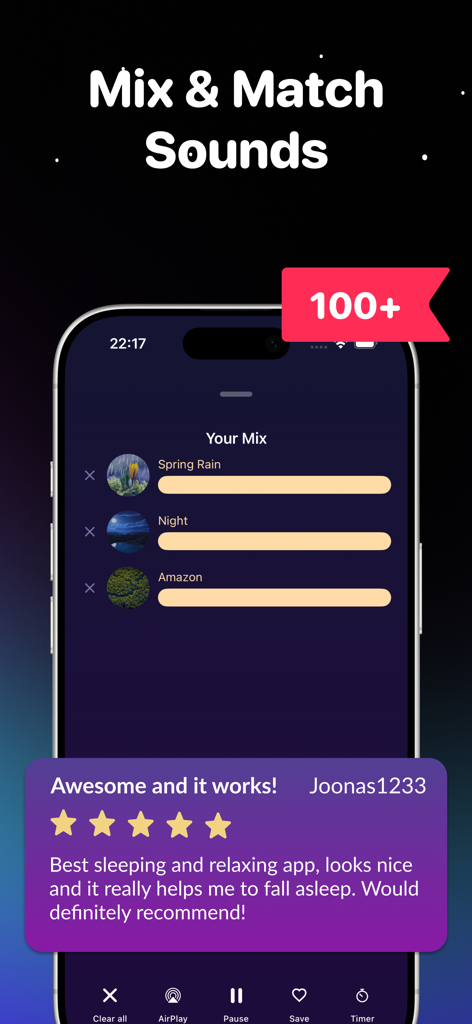 Interface of the Smoothly app showing how to mix and match sleep sounds with a five star user review