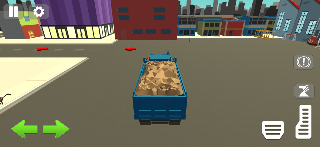 Builder City Construction 3D - Un volquete azul transportando una carga de arena por un entorno de ciudad 3D con controles de conducción en pantalla