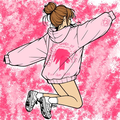 realistic girl jumping with a bun and oversized sweatshirt